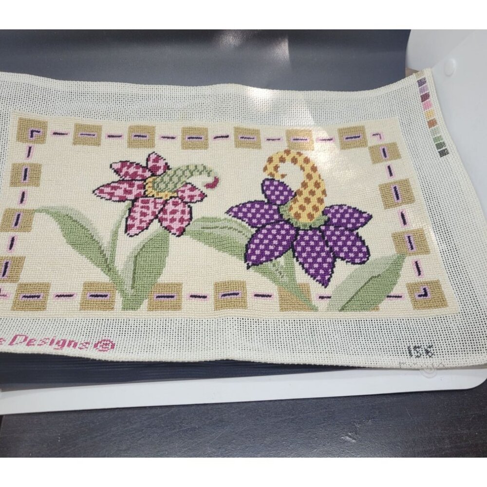 Hand painted and completed Floral Needlepoint Canvas By Just Once Designs